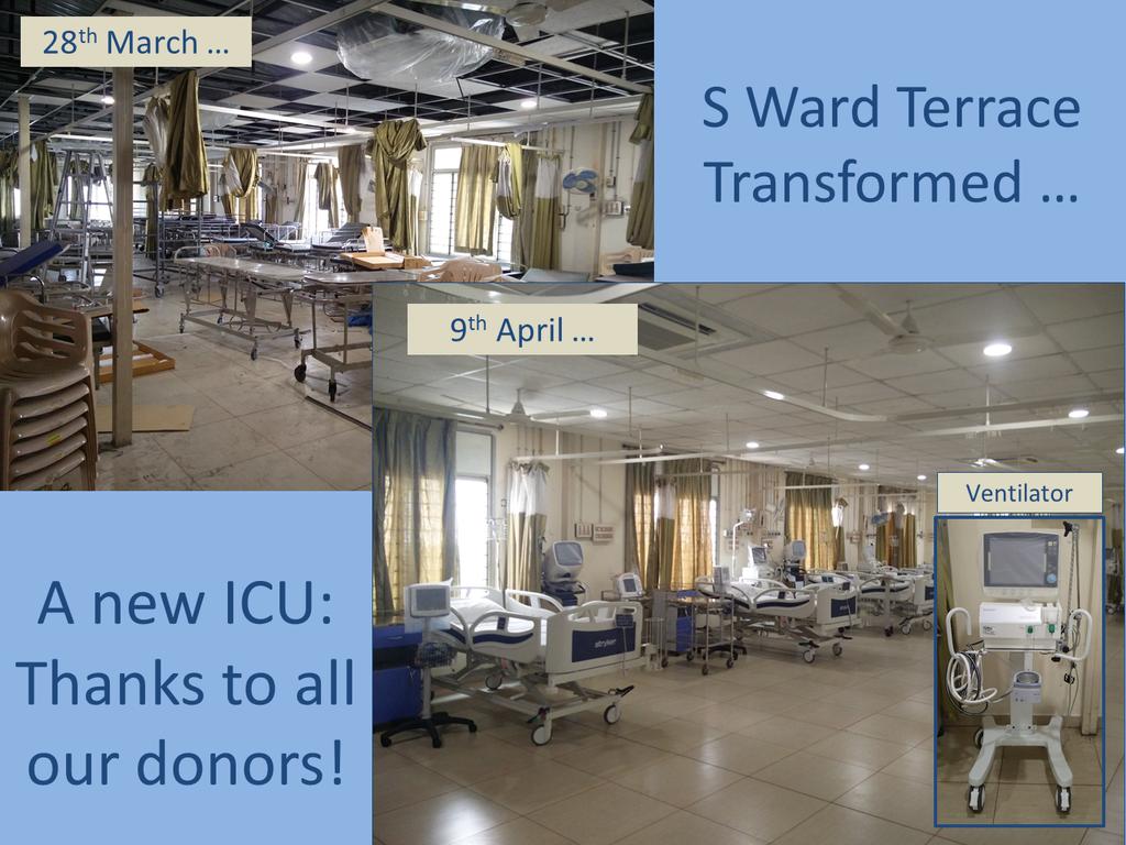 picture of s ward terrace on 28th march and then 9th April. An amazing transformation from store room to ICU