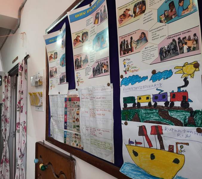 the walls are decorated with kids drawings and information